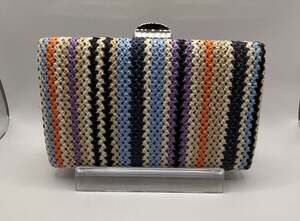 D'MARGEAUX Multicolor Striped Woven Straw Hard-Case Clutch with Silver-Tone Kiss